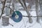 A disk for repelling birds on a tree in winter