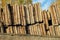 Dismantled reinforced concrete wall panels stored in tiers