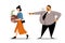 Dismissal of workers. The fat boss yells at the woman in anger. A young woman leaves with a box of work items. Flat style vector