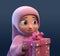 Disney Style, Adorable Muslim Girl Character Holding A Gift Box, Eid Mubarak, Generative AI