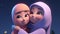 Disney Style, Adorable Muslim Girls Character Wearing Hijab, Eid Mubarak Concept. Generative AI