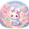 Disney style of a cute fluffy rabbit, in a whimsical pastel candy forest, glitering butterfly, dreamy land, anime art, cartoon