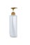 Dispenser head pump Gold color, white body plastic bottle cosmetic hygiene shampoo, conditioner with body moisturising isolated on