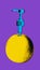 Dispenser sticking into lemon over purple background. Organic cosmetological products. Contemporary art collage.