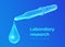 Dispensing pipette with emerging drop. Laboratory research. Wireframe medical pipette with liquid and falling droplet. Scientific