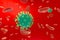 Dispersed corona viruses with blood background, 3d rendering