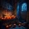 Display of candle lit carved halloween pumpkins in stone room with spider webs and eerie signs lit with blue and red light.