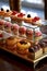 Display case in a patisserie featuring an array of éclairs in diverse flavors, including classic vanilla and tangy raspberry.: