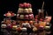 Display of different cakes on black background, a decadent assortment