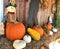 Display of Fall pumpkins and scarecrow decoration