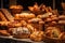 display of freshly baked bread with various shapes, colors, and textures