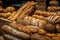 display of freshly baked bread with various shapes, colors, and textures