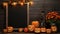 display Halloween welcome signboard mockup with pumpkins and flowers. Black board with autumn holiday decoration, AI generated