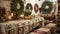 Display of handmade Saint Joseph's Day decorations, including wreaths, candles, and embroidered linens