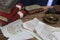 Display of handwritten letters and leather bound books on table,King John\'s Castle,Limerick,Ireland,October,2014