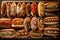 display of hot dogs and sausages with different flavors and toppings