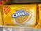 A display of packages of Golden Oreo cookies