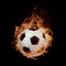 Display Soccer ball engulfed in flames, isolated on black backdrop