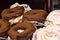 Display of traditional doughnuts on sale at Christmas market stall in Austria