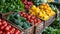 A display of a variety of vegetables are displayed in baskets, AI