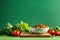 Display a vegetarian dish against a green-toned background with generous copy space