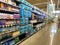 A display of water bottle aisle at a Whole Foods Market Grocery Store