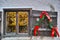 Display window vintage at Christmas with wooden shutter and garland