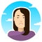 Displeased, angry, grumpy, offended girl looks down; round icon on a background of sky and clouds.