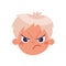 Displeased blond boy frowns. Kid's head with bad emotions, sadness, anger, frustration. Flat cartoon vector