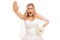 Displeased bride making a stop hand gesture