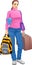 Displeased girl with bags. A woman travels with big bags and a suitcase. Vector illustration.