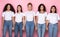 Displeased Multiethnic Women Holding Hands Standing Over Pink Background