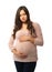 Displeased pregnant woman on white background