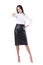 Displeased unhappy business woman in leather skirt showing thumb down gesture and looking at camera.