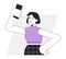 Displeased woman bringing phone up above head flat line vector spot illustration