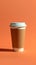 Disposable coffee cup illustration, flat design with long shadow on a trendy colored background. Paper coffee cup vertical image.