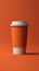 Disposable coffee cup illustration, flat design with long shadow on a trendy maroon background. Paper coffee cup vertical image.