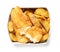 Disposable container with British Traditional Fish and potato chips on white, top view