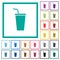 Disposable drinking cup with straw flat color icons with quadrant frames