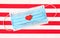 Disposable medical mask on striped red white  background with red heart on it against bacteria and viruses. Stop the spread of