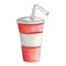 Disposable plastic carton red cup with tube for drinks - water, juice, soda, Watercolor hand drawn illustration in cartoon