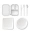 Disposable plastic dishware vector illustration of 3D realistic lunchbox plate and cutlery spoon, knife or fork isolated