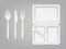 Disposable plastic lunchbox and cutlery vector illustration of plate, spoon, knife or fork isolated 3D realistic