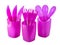 ..Disposable plastic picnic utensils. Bright set of dishes. Cutlery