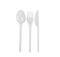Disposable plastic spoon, knife and fork isolated. Realistic white plastic tableware isolated on white background