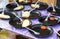 Disposable plates and forks with bread and ketchup