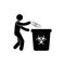 Disposal of medical masks, man throws a mask into a special trash can, biohazard symbol, icon isolated