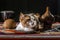 Dissatisfied cat with a kettle drum djembe and coconut on a colorful carpet