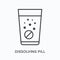 Dissolve pill flat line icon. Vector outline illustration of effervescent medicine in glass of water with bubbles