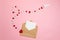 Distance love concept, sending love letter, valentines day. Kraft envelope with blank postcard and paper airplane flying on route
